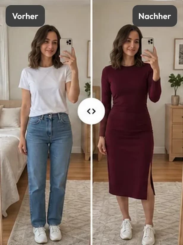 Vorher: das Spiegelfoto einer Kundin in weißem T-Shirt und Jeans. Nachher: dasselbe Foto als KI-Vorschau mit dem bordeauxroten Midikleid.