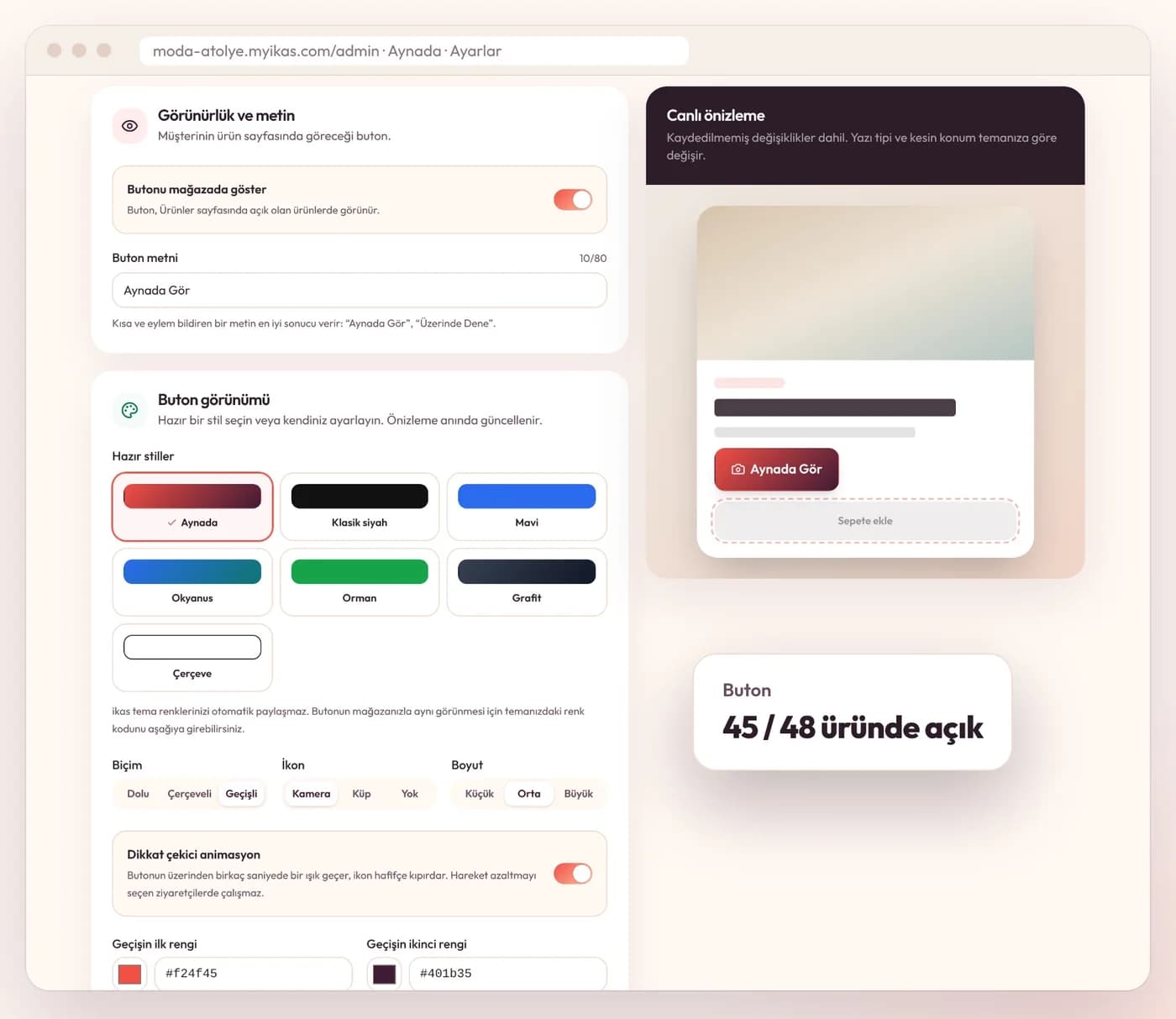 Aynada Settings screen: button text, ready-made styles and live preview