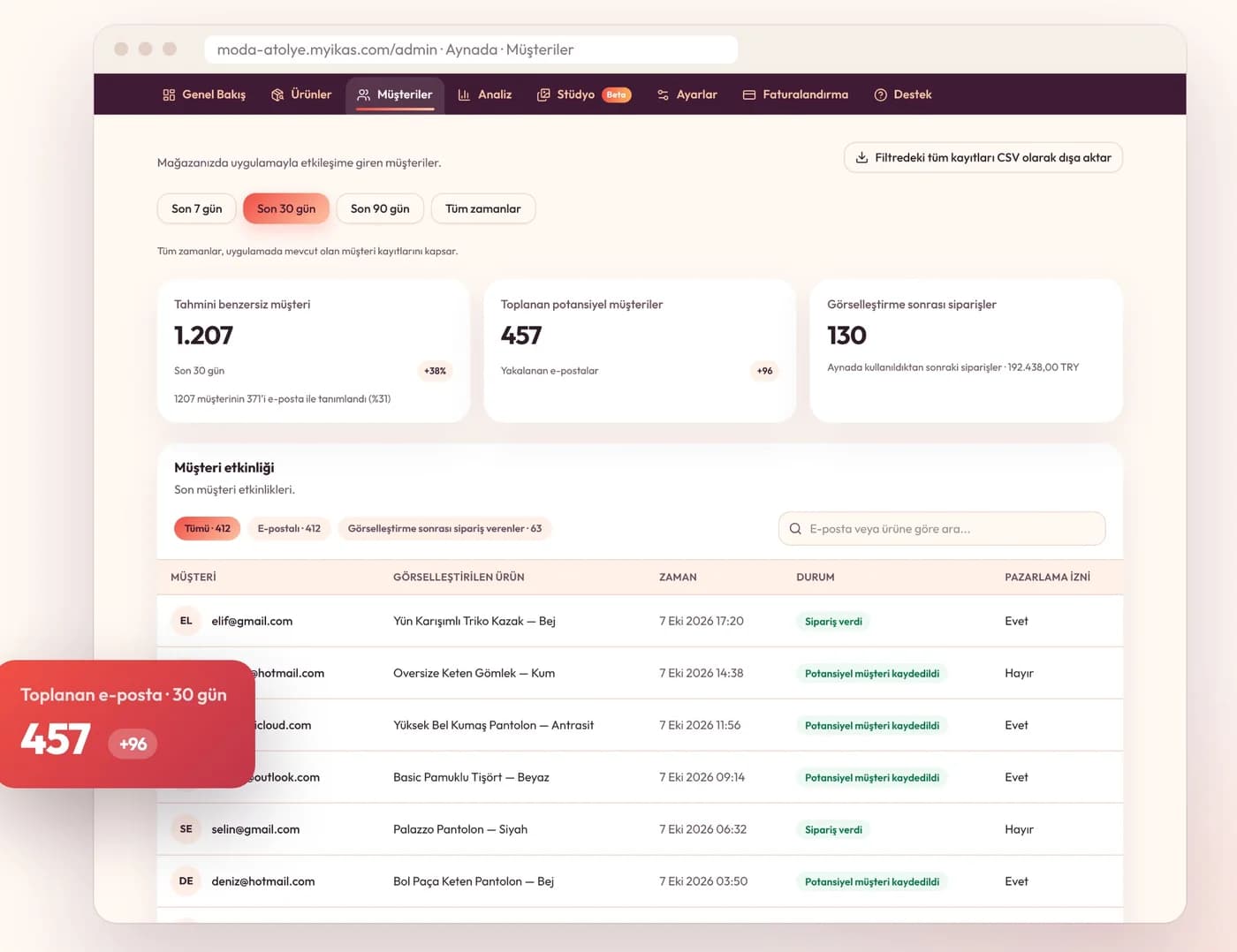 Aynada Customers screen: collected emails, products tried on and marketing consent
