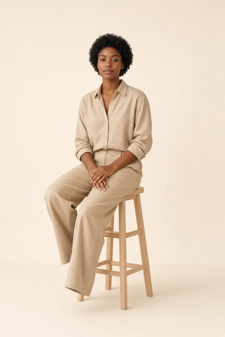 Model sitting on a stool in a beige shirt and trousers