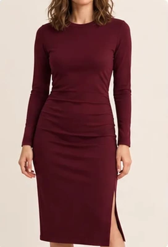 Model wearing a burgundy long-sleeve midi dress