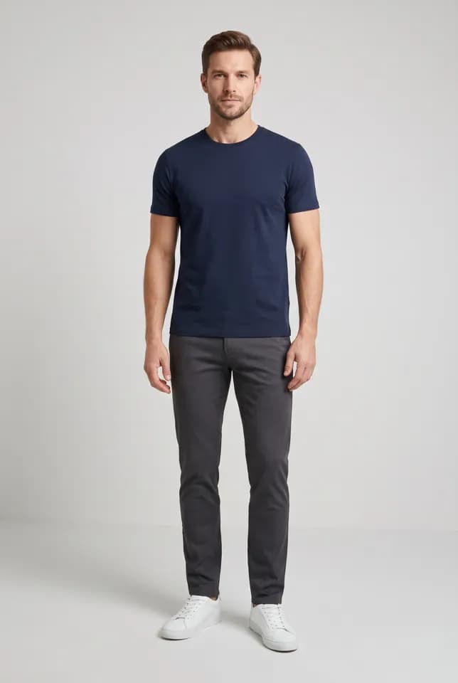 Sample shopper's photo of an AI-generated model, before trying on the Minimal White Leather Sneakers