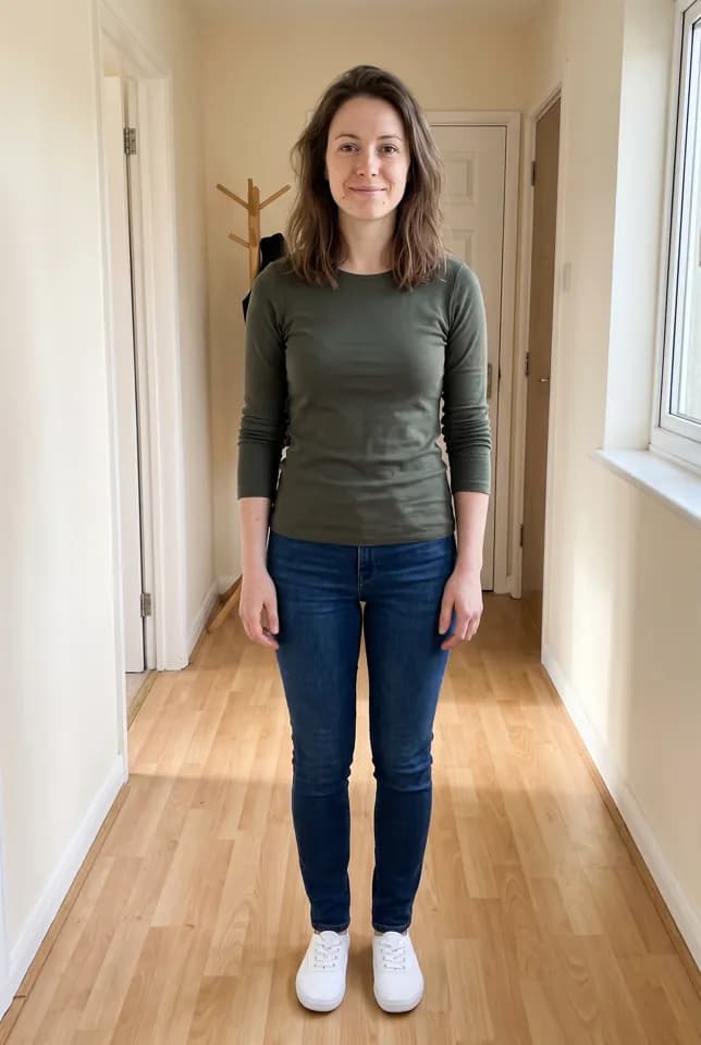 Sample shopper's photo of an AI-generated model, before trying on the Taupe Suede Ankle Boots
