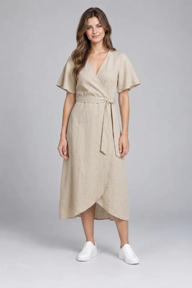 Aynada's try-on result for the Linen Wrap Midi Dress