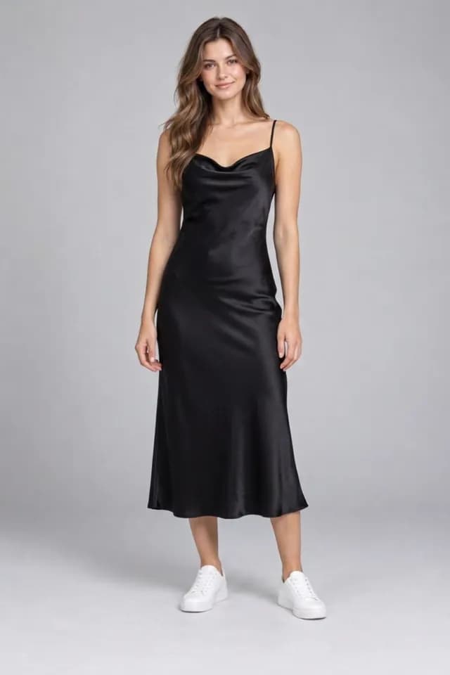 Aynada's try-on result for the Black Satin Slip Dress